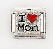 Macro detail of Italian charm bead with I Love Mom text and red heart on stainless steel