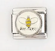 Close-up of stainless steel Italian charm link featuring a bee and Bee Happy text