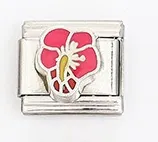 Detailed close-up of an Italian charm module featuring a pink hibiscus flower design