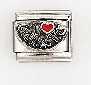 Detail of Italian charm link featuring I Heart Gymnastics text on stainless steel