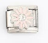 Detailed close-up of Italian style daisy flower charm with pink petals and white zircon