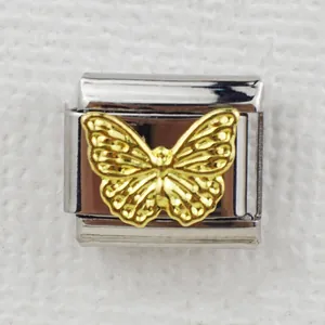 Italian charm bracelet link with gold butterfly design on polished stainless steel
