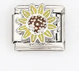 Detailed macro view of yellow sunflower charm for modular stainless steel bracelets