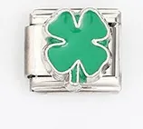 Italian charm link with green enamel four-leaf clover lucky flower for modular bracelet