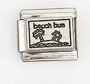 Detail of stainless steel Italian charm featuring beach bum text and palm tree design