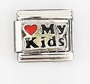 Detail of My Kids engraved Italian charm link with red heart on stainless steel
