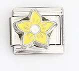 Detail view of Italian charm link featuring yellow enamel flower on stainless steel base