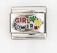Detail of Girl Power engraving on Italian charm bracelet link with colorful stars