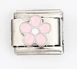 Macro shot of Italian charm link featuring a pink enamel flower on stainless steel base