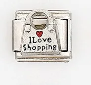 Detail of stainless steel Italian charm with I Love Shopping text and a red heart