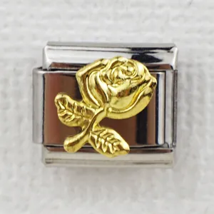 Italian style modular charm with golden rose on a polished silver stainless steel base