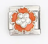 Detailed macro view of Italian charm link featuring orange enamel flower and rhinestones