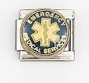 Macro shot of stainless steel Italian charm link with blue Star of Life medical emblem