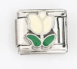 Detailed close-up of Italian charm link featuring white tulip and green leaves pattern