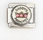 Detail of Italian charm link featuring Daddy's Princess text and a pink crown motif