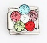 Close-up of Italian charm link with colorful rhinestone flower on stainless steel band