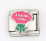 Italian style steel bracelet charm with pink flower and white THANK YOU engraving