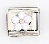 Italian modular charm link featuring a pink and white floral pattern in stainless steel