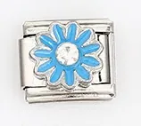 Close-up of blue flower daisy charm link with crystal for Italian modular bracelet
