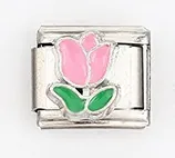Macro shot of Italian charm module featuring pink enamel tulips on a silver metal link