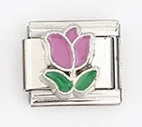 Close-up of Italian charm link featuring a purple enamel tulip on stainless steel