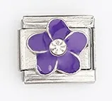 Detailed view of Italian charm link featuring a purple enamel flower and crystal center