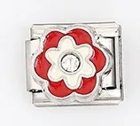 Detailed close-up of Italian charm link with red and white floral enamel pattern