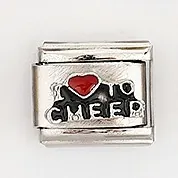Italian modular charm bracelet link in stainless steel with I Love Cheer enamel pattern