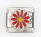 Detailed close-up of Italian charm link featuring a red daisy and yellow crystal accent