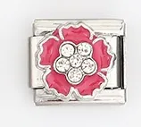 Close-up of pink enamel flower charm with white rhinestones on stainless steel base