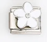 Close-up of silver Italian charm link with a white five-petal flower and central zircon