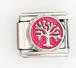 Italienisches Charm-Armband-Glied mit rosa Emaille und Lebensbaum-Design aus Edelstahl