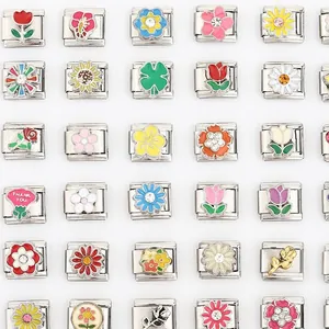 Italian Charm Bracelet Link Stainless Steel Floral Flower Enamel Drip Oil Charm Module For DIY Bracelet Jewelry Making Accessory