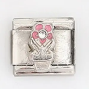 Italian style stainless steel link bracelet featuring a pink enamel flower and crystal