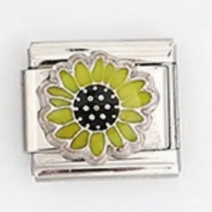 Italian style modular stainless steel link charm featuring a yellow sunflower pattern