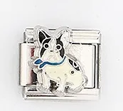 Detailaufnahme eines italienischen Charm-Moduls mit süßem Emaille-Französische-Bulldogge-Motiv