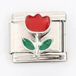 Italian style stainless steel charm modular bracelet link with red tulip enamel flower