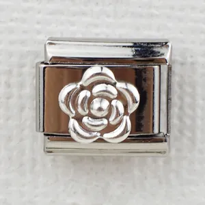 Italian charm link with a 3D rose flower design in high polished stainless steel