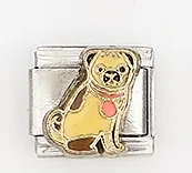 Nahaufnahme eines italienischen Charm-Glieds mit Mops-Hund-Motiv aus Emaille-Dekor
