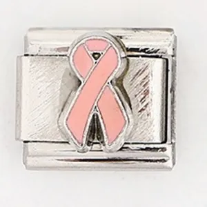 Italienisches Armband-Modul aus Edelstahl mit rosa Schleife und Emaille-Design