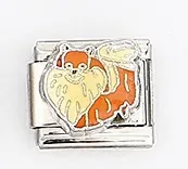 Detail eines italienischen Armband-Moduls mit süßem Pomeranian-Hundemotiv auf Stahlbasis