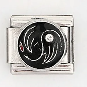 Italienischer Modul-Charm aus Edelstahl mit schwarzem Emaille-Wirbel und Kristall-Inlay