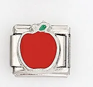 Maillon de bracelet italien avec motif pomme rouge et feuille verte sur base en acier