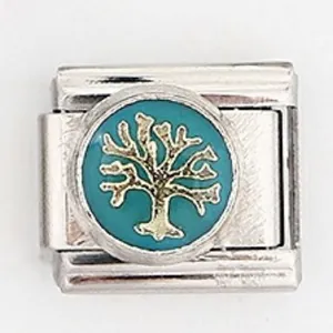 Italienischer Charm-Armband-Link mit goldenem Lebensbaum auf türkiser Emaille