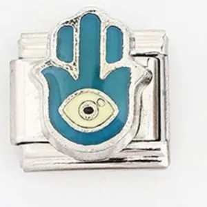 Italienisches Modul-Armband Glied mit Hamsa-Hand und blauem Böser Blick Symbol