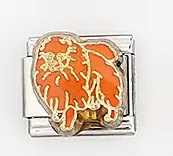 Detail eines italienischen Armband-Glieds mit orangefarbenem Hundemotiv aus Edelstahl