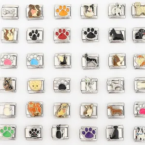 Italienische Charms Edelstahl Modulares Armband Glied Für DIY Schmuck Niedlicher Hund Katze Pfote Knochen Muster Emaille Charm