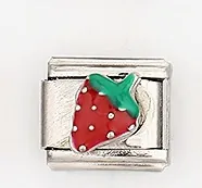 Maillon de bracelet italien avec motif fraise rouge sur une base en métal poli modulaire