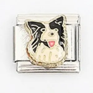 Italienisches Armband-Element mit schwarz-weißem Border Collie Hundemotiv aus Stahl