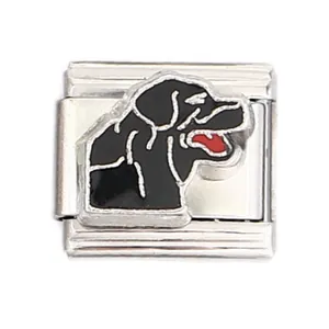 Macro view of Italian charm link featuring black and silver enamel dog head on stainless steel